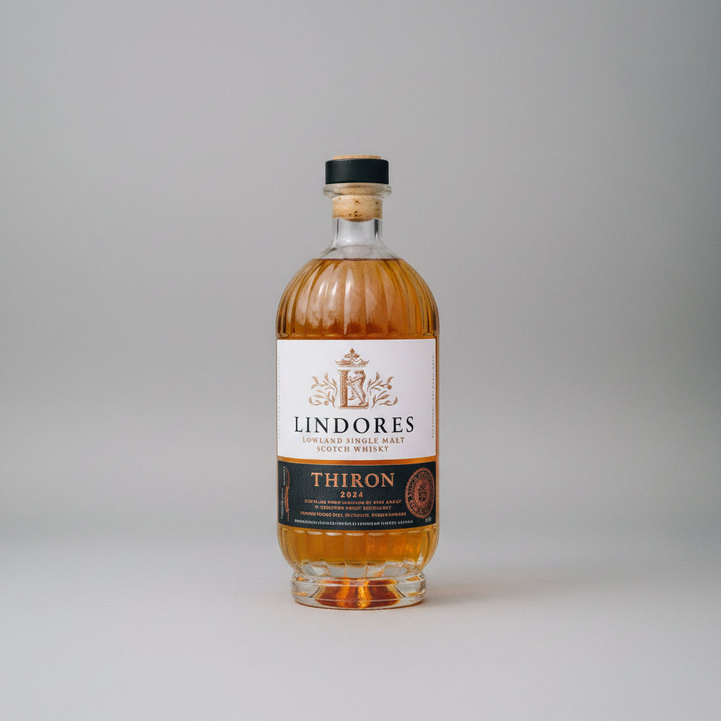 A bottle of Lindores Thiron 2024 single malt Scotch whisky next to a clear glass tulip whisky glass filled with amber liquid, set against a plain light gray background.