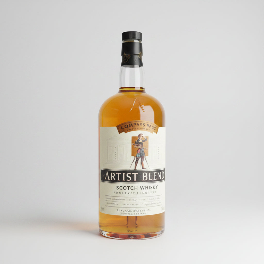 A bottle of Artist Bio Scotch Whisky with a small clear glass tumbler filled with whisky, shown on a plain light gray background.