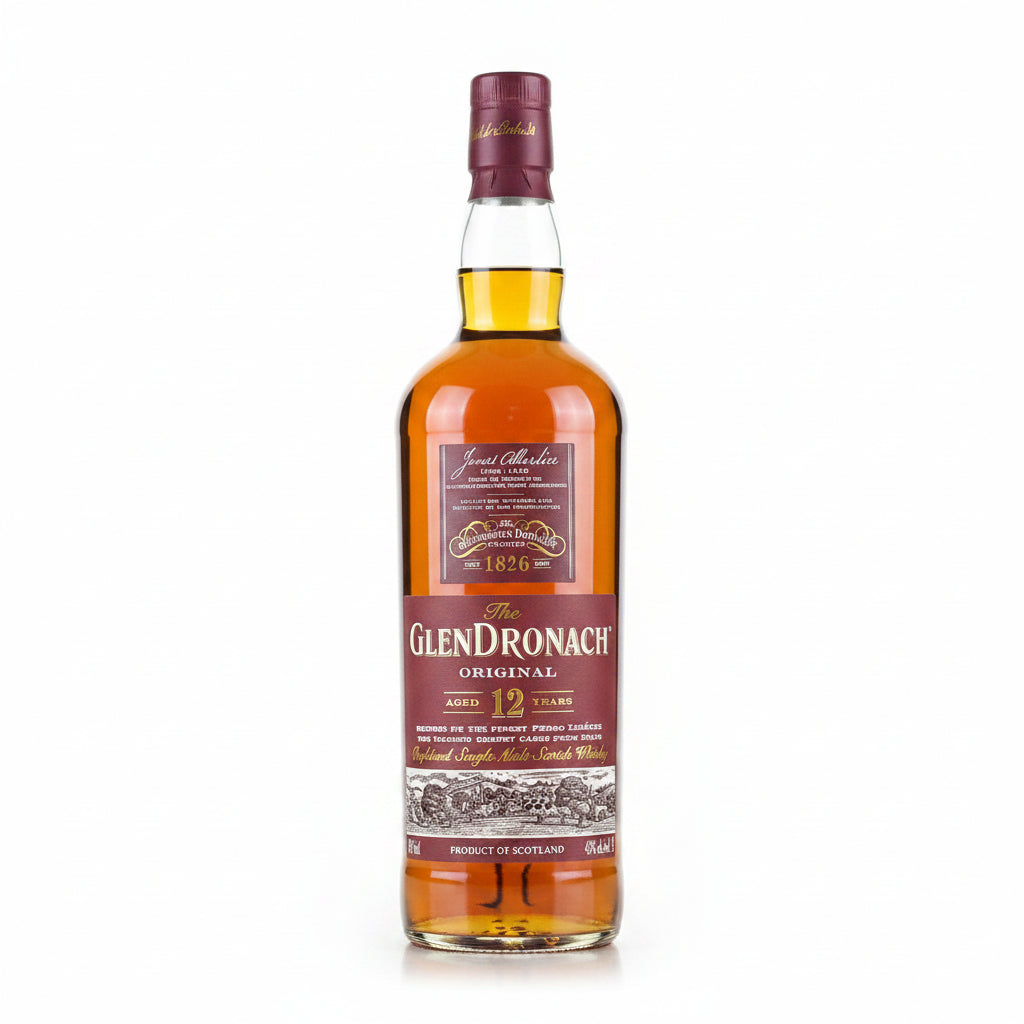 A bottle of Glen Ronach 12 Year Old Single Malt Scotch Whisky, shown diagonally on a light gray background. The bottle is filled with amber-colored whisky and features a prominent maroon label with gold and white text.