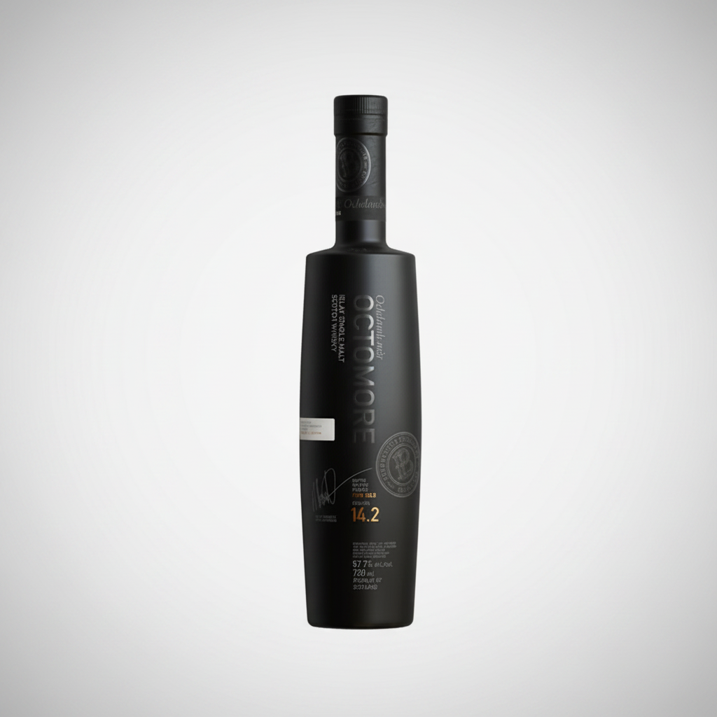 A bottle of Octomore 14.2 Scotch single malt whisky next to its tall cylindrical packaging box, set against a plain light gray background.
