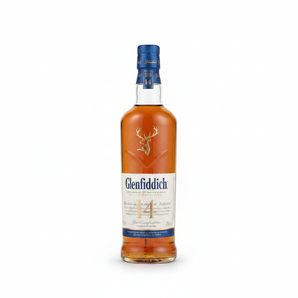 A bottle of Glen Fiddich single malt whisky with a small matching glass, shown on a plain light gray background.