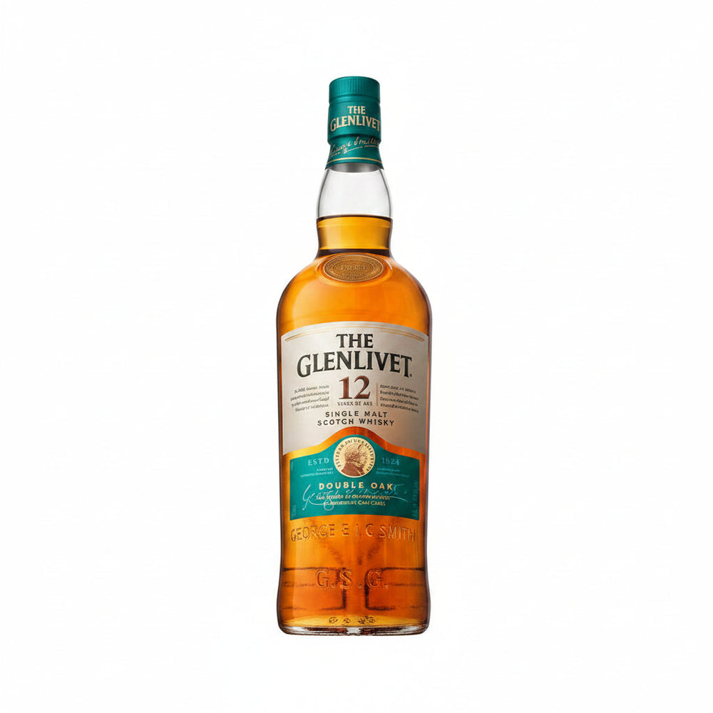 A bottle of The Glenlivet 12 Years Old Single Malt Scotch Whisky on a light gray background.