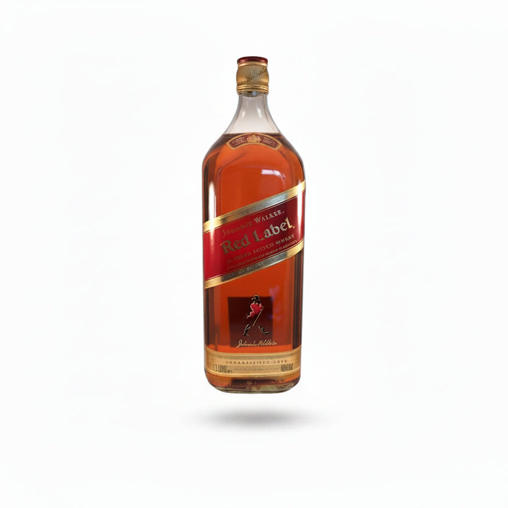 A bottle of Johnnie Walker Red Label whisky, showing the amber liquid and the iconic red and gold label, set against a light gray background with a soft reflection below.