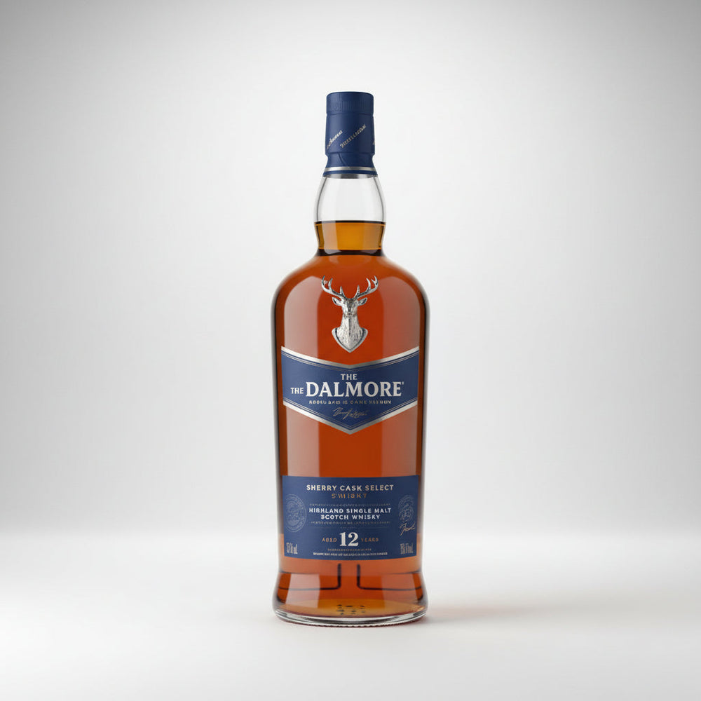 A bottle of The Dalmore 12 Year Old Single Malts Scotch Whisky, showing the amber liquid, a silver stag emblem, and the brand label against a light gray background.