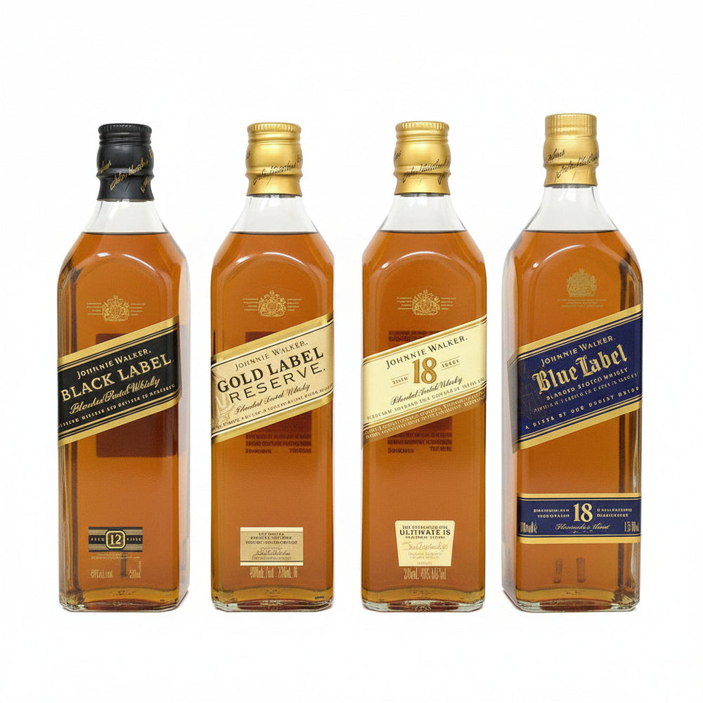 Four Johnnie Walker whisky bottles lined up against a plain white background, showing the Black Label, Gold Label Reserve, 18 Year Old, and Blue Label variants.
