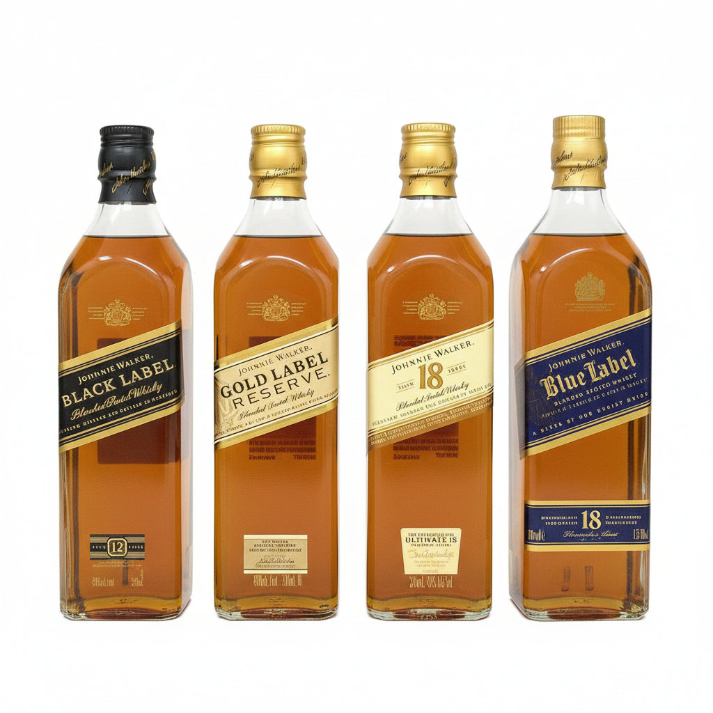 Four Johnnie Walker whisky bottles lined up against a plain white background, showing the Black Label, Gold Label Reserve, 18 Year Old, and Blue Label variants.