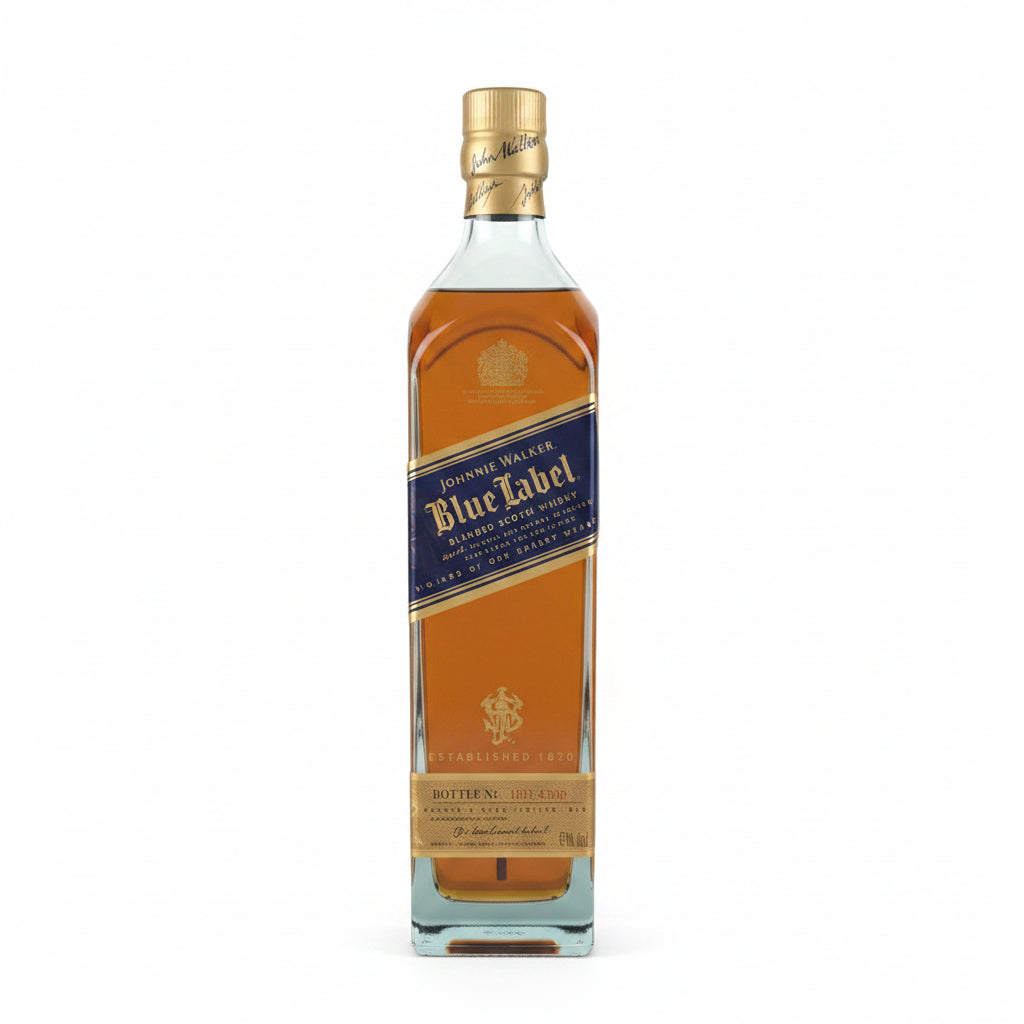 A single bottle of Johnnie Walker Blue Label whisky stands on a plain light gray background. The bottle is made of clear glass and shows the amber-brown liquid inside, with a dark blue label and gold details.