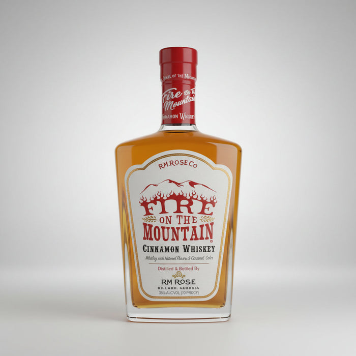 A bottle of Fire on the Mountain Cinnamon Whiskey by RM Rose is shown on a light gray background next to a black text panel with award and flavor descriptions, plus a gold 2021 award badge.