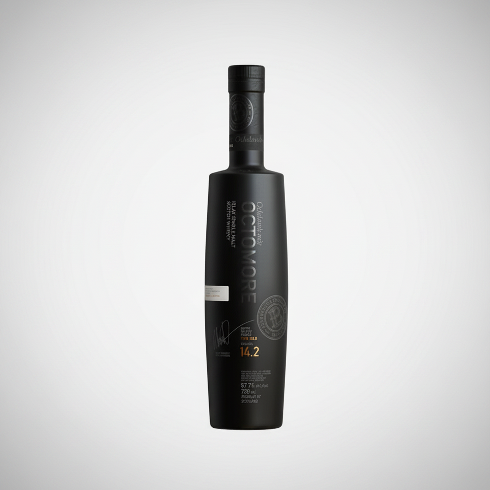 A bottle of Octomore 14.2 Scotch single malt whisky next to its tall cylindrical packaging box, set against a plain light gray background.