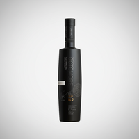 A bottle of Octomore 14.2 Scotch single malt whisky next to its tall cylindrical packaging box, set against a plain light gray background.